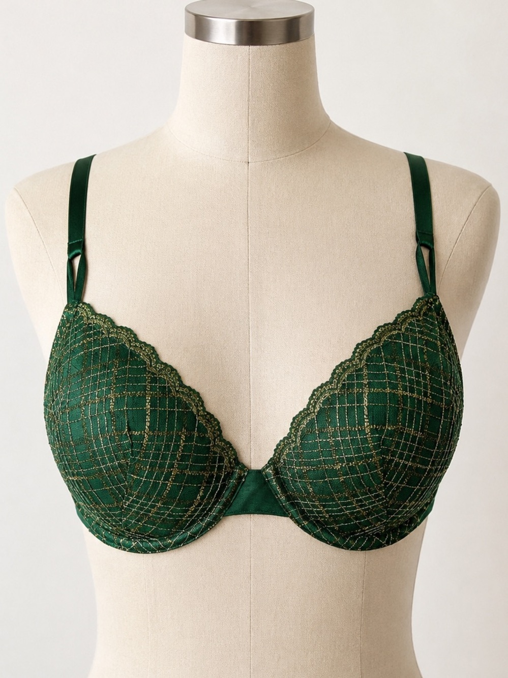 Victoria Secret Women’s 38DD Lined Demi Bra Green & Gold Lace